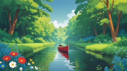 A tranquil, vibrant landscape showcases a red canoe gliding along a serene waterway, nestled within a lush, green forest.