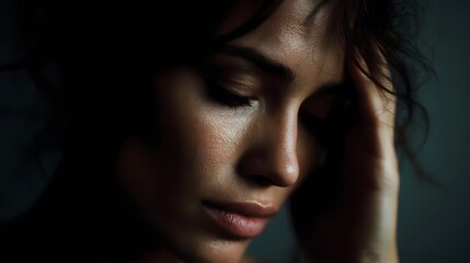 Fototapeta premium Close up portrait of a woman with her hand on her forehead conveying distress anxiety and deep thought in a low key shadowed setting