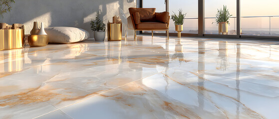 A polished marble-effect floor in a modern living room. Part of a chair and some home decor are visible in the background.
