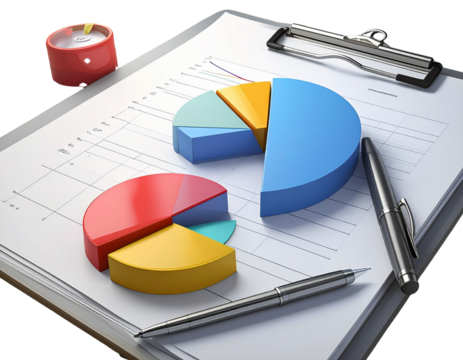 3D illustration of a clipboard displaying colorful pie and bar charts, symbolizing da