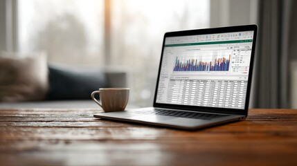 Fototapeta premium A laptop displaying a financial spreadsheet with charts and data on a wooden table accompanied by a coffee cup against a bright blurred window