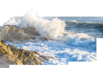 Powerful ocean waves crash on rocky shore isolated on a transparent background crashing