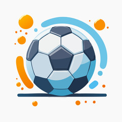 A vibrant cartoon soccer ball rests on a simple line, surrounded by dynamic blue and orange shapes.