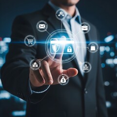 Businessman using innovative digital payment security system for online transactions and banking