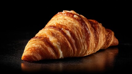 Close-up of a golden-brown croissant on dark surface