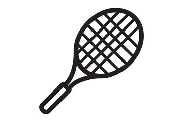 Tennis racket with ball. Icon of racquet for court. Logo of tennis rocket and ball isolated on white background. Sport equipment for game, match, competition. Silhouette for club of badminton. Vector