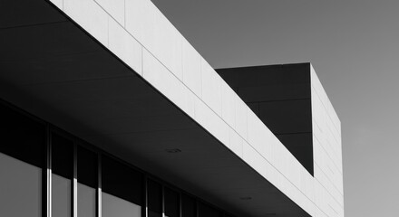 Fototapeta premium A modern architectural facade, showcasing a striking interplay of light and shadow on a minimalist building design.