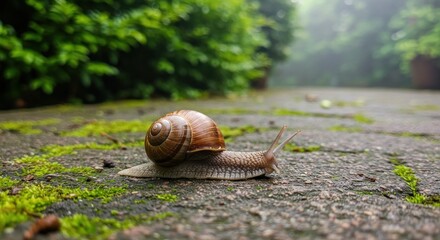 A snail glides across a moss-covered stone path in a garden. Lush greenery forms the blurred background, with subtle fog adding depth