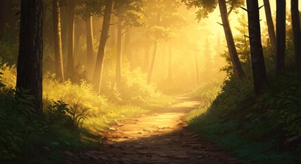 Naklejka premium Golden sunlight streams through a tranquil forest path, illuminating the lush greenery.