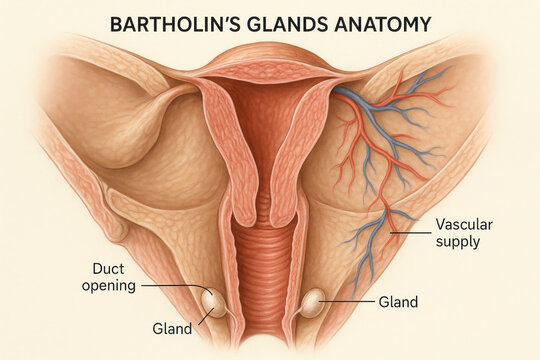 Bartholin's Glands Anatomy Illustration, Female Reproductive System, Medical Diagram [100 characters]