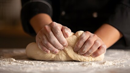 Close-up Baker's Hands Kneading Dough, Artisan Bread Making, Rustic Warm Lighting, Food Preparation, Culinary Stock Photo