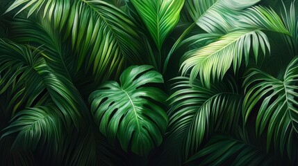 Lush green forest with palm trees and leaves. Concept of tranquility and serenity, as the vibrant green foliage creates a peaceful atmosphere. The abundance of leaves