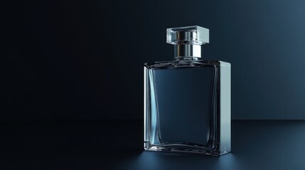 Sophisticated fragrance presentation showcasing clarity, minimalist bottle design on a deep dark
