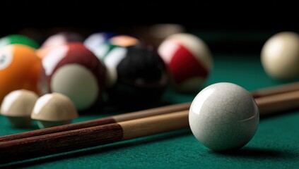 Close-up of pool cue and white ball on pool table