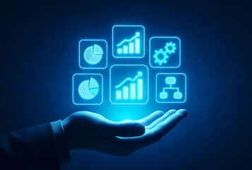 Hand presents glowing digital interface with business analytics and data insights icons