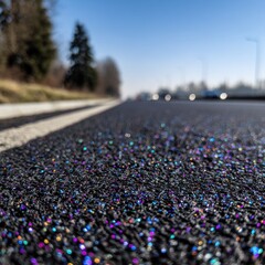 Close-up view of a road surface with iridescent particles.  A section of asphalt road, showing a textured surface with tiny, multicolored, reflective specks.  