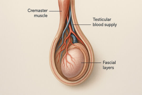 Testicular Anatomy Illustration: Cremaster Muscle, Blood Supply, Fascial Layers - Detailed Medical Diagram [Illustration]