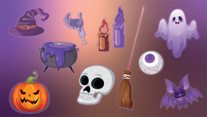 Halloween sticker set: pumpkin, skull, magic hat, broom, cauldron with potion, eye, candles, ghost, bat in cartoon style
