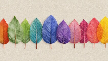 A horizontal arrangement of colorful leaves.  Each leaf displays a vibrant hue, from deep reds to bright blues, greens, and yellows.