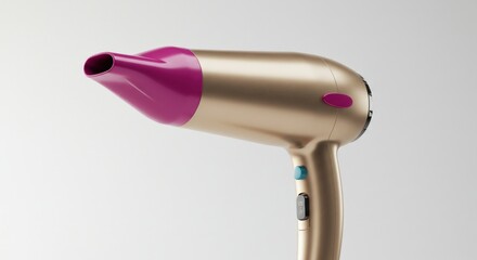 Fototapeta premium Sleek gold and magenta hairdryer against a light gray background, angled upwards in a beauty-centric composition