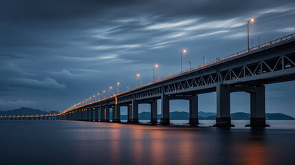 Dazzling Night View of a Cross-sea Bridge, Modern Urban Traffic and Infrastructure Background