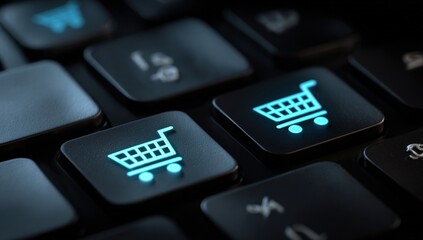 Close-up of keyboard keys with shopping cart icons