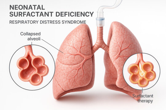 Neonatal Surfactant Deficiency Illustration: Respiratory Distress Syndrome in Lungs and Alveoli [Illustration]