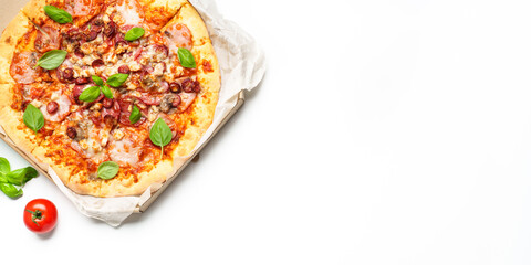 Pizza Margarita in a cardboard box on white background.