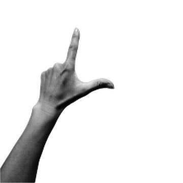 Human hand showing L sign with fingers. Black and white gesture isolated on transparent background. Perfect for alphabet, sign language, symbol, collage, poster and graphic design. Vector