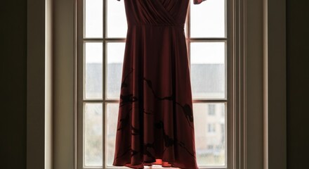 A rust-colored dress hangs from a window
