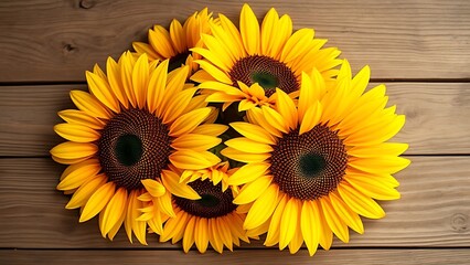 Sunflowers arranged on a rustic wooden surface with warm natural lighting.