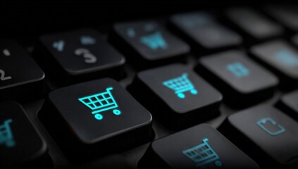 Close-up of computer keyboard with glowing shopping cart keys