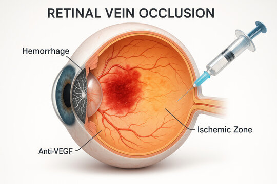 Retinal Vein Occlusion Treatment: Eye Anatomy Illustration with Injection, Hemorrhage and Ischemic Zone highlighted.