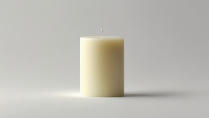 A single, cylinder-shaped candle sits against a neutral backdrop, illuminating a simple, elegant scene.