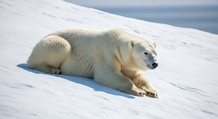 A majestic polar bear rests on a snow-covered slope under a bright sky.