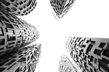 Abstract view of modern architecture, looking upwards at cylindrical structures
