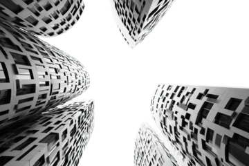 Abstract view of modern architecture, looking upwards at cylindrical structures