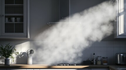 Kitchen scene with steam and sunlight through the window creating a cozy ambiance