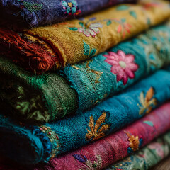 Fototapeta premium A stack of folded embroidered fabrics in various colors.