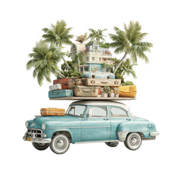 Fototapeta Vintage car carrying a tropical village