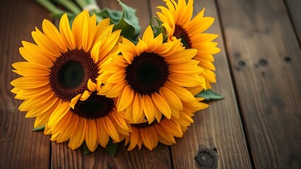 Golden-toned sunflower arrangement on rustic wood, radiating warmth and rustic charm.
