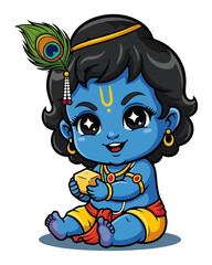 Cute baby Krishna eating butter cartoon vector illustration