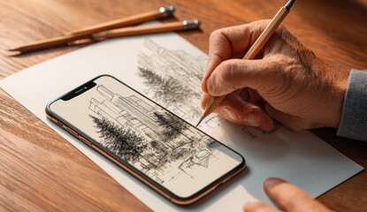 A hand sketches on paper inspired by a phone's image of tall buildings and trees