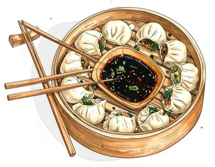 Steamed dumplings in a bamboo steamer