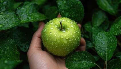 Hand holding a wet green apple amongst lush leaves