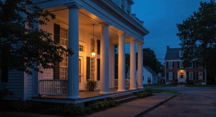 Fototapeta premium A stately white house with columns and porch, bathed in twilight