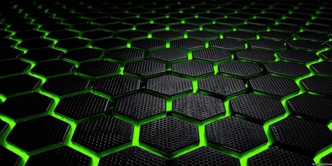 Geometric pattern of glowing green hexagons on a dark background