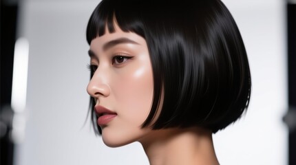 Close-up profile view of a woman with short, sleek black hair and light makeup