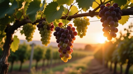 Fototapeta premium Clusters of ripe grapes hang from vines at sunset. Lush green leaves and rows of grapevines blur in the background. Sunlight shines through the branches