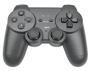 Single gray video game controller, photographed from a straight-on perspective and isolated on a white background